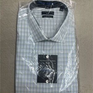 Shaquille O'neal XLG Tall Fit Cooling Stretch Dress Shirt White Blue Green Plaid
